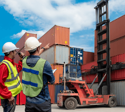 Shipping containers in a dockyard